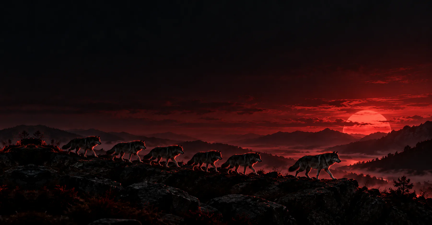 A pack of wolves walking in a line along a ridge at dusk, and a new one falling in at the back