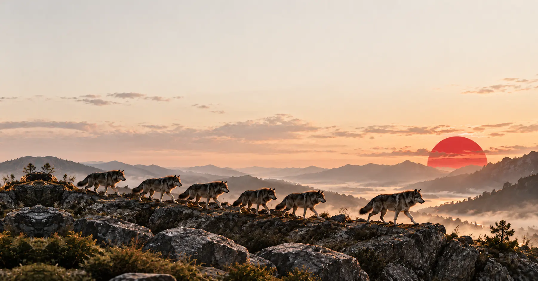 A pack of wolves walking in a line along a rocky ridge at sunrise, and a new one falling in at the back