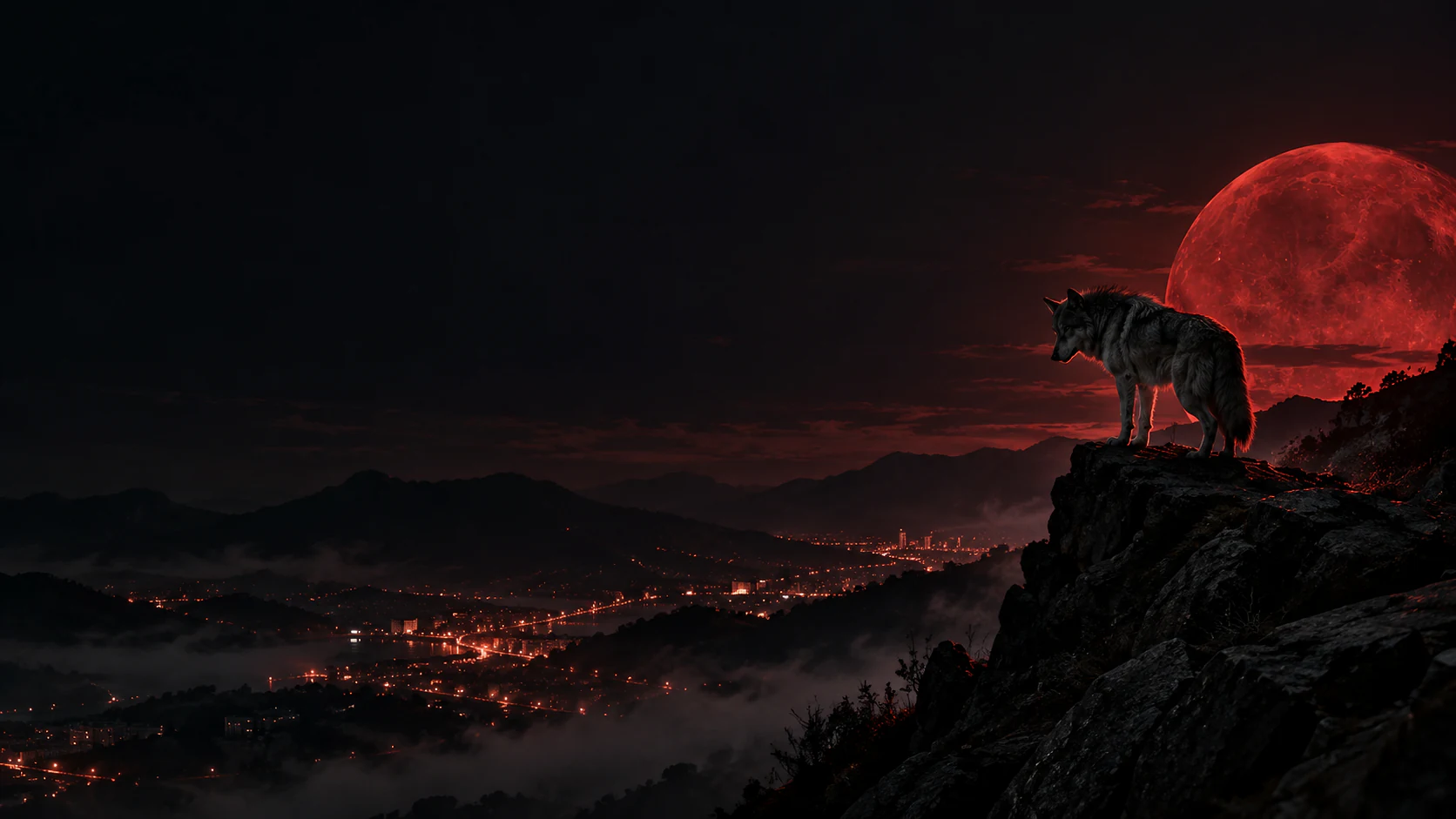 A lone wolf on a rocky ridge at night, looking down at the lights of a city under a huge red moon