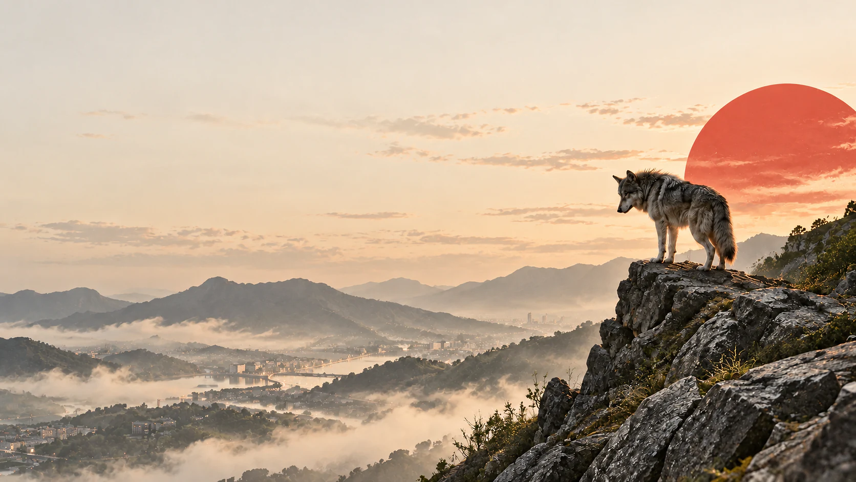 A lone wolf on a rocky ridge at sunrise, looking out over a misty valley under a large red sun